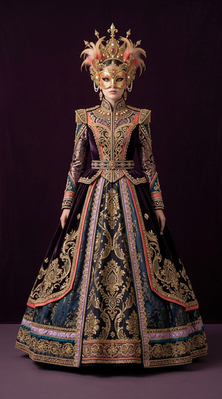 Gilded masquerade queen costume: gold-embroidered midnight-blue ball gown with gold mask and feathered crown