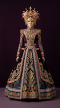 Gilded masquerade queen costume: gold-embroidered midnight-blue ball gown with gold mask and feathered crown