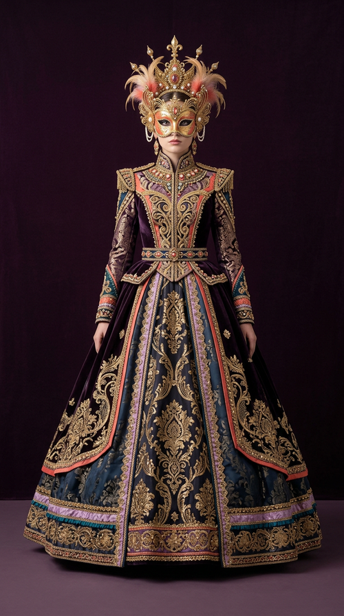 Gilded masquerade queen costume: gold-embroidered midnight-blue ball gown with gold mask and feathered crown