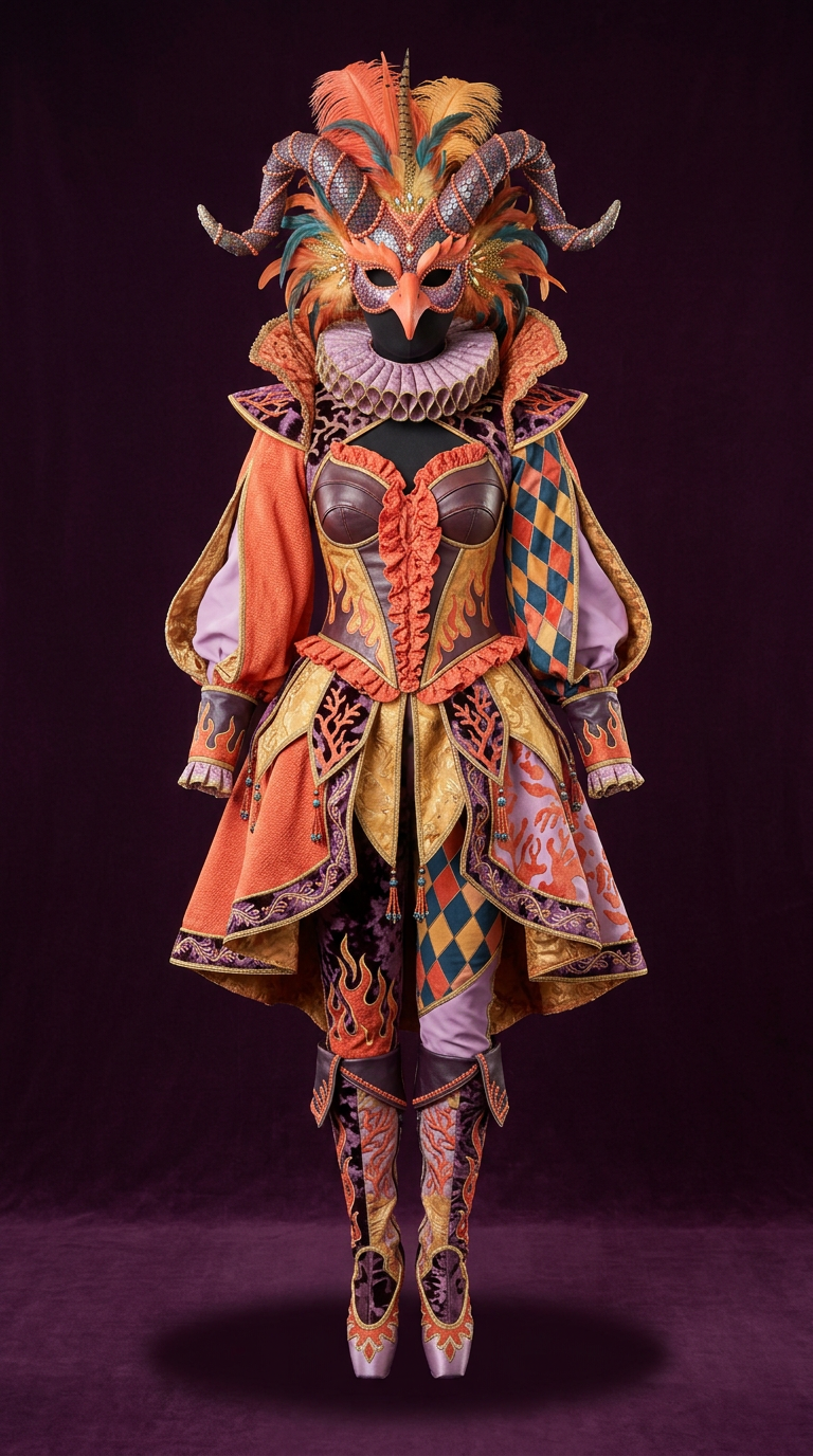 Inferno harlequin costume: coral and black diamond-pattern outfit with ruffled collar, corset bodice and horned feather headdress