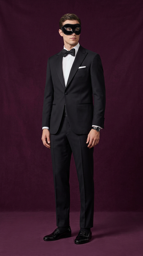 Man in a black Midnight Phantom tuxedo with bow tie, white shirt and black domino mask