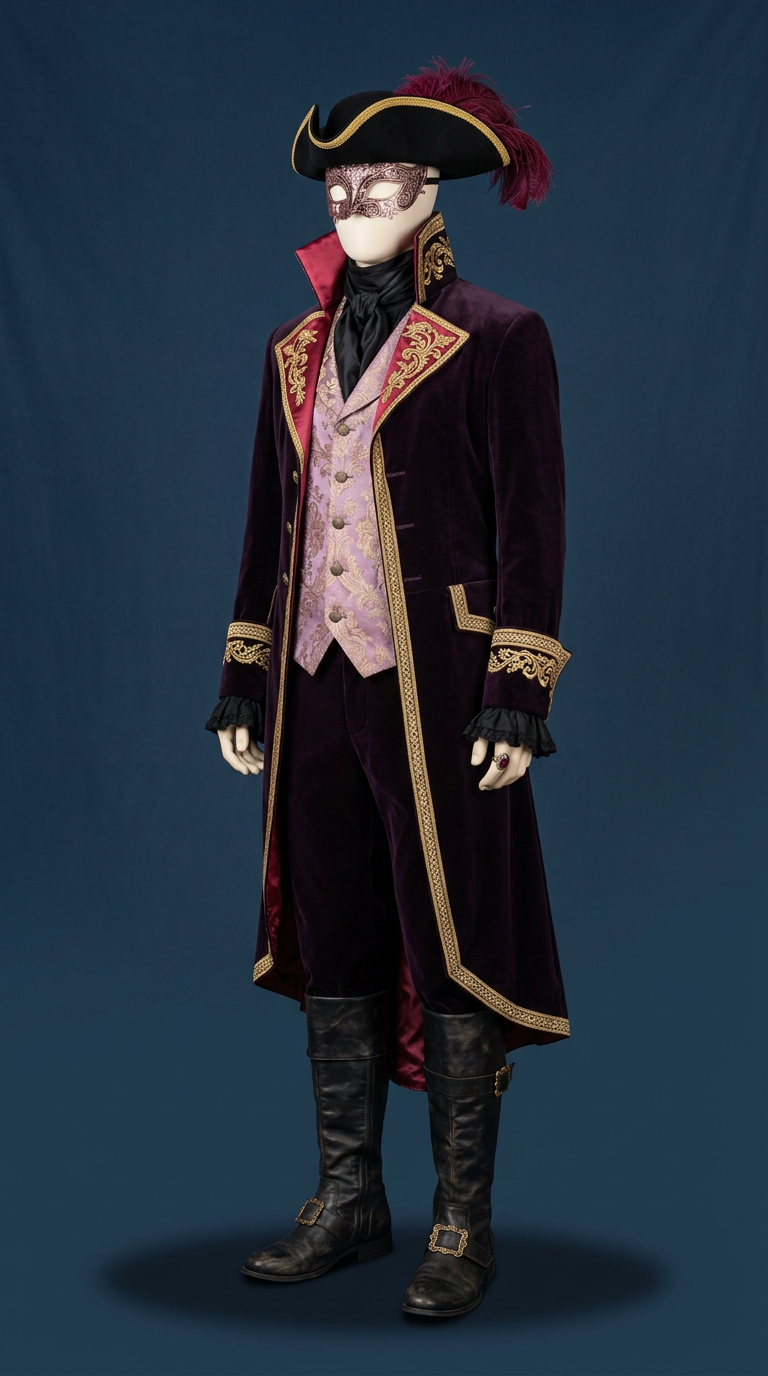 Baroque vampire costume: plum velvet coat with gold trim, brocade vest, tricorn hat and white mask