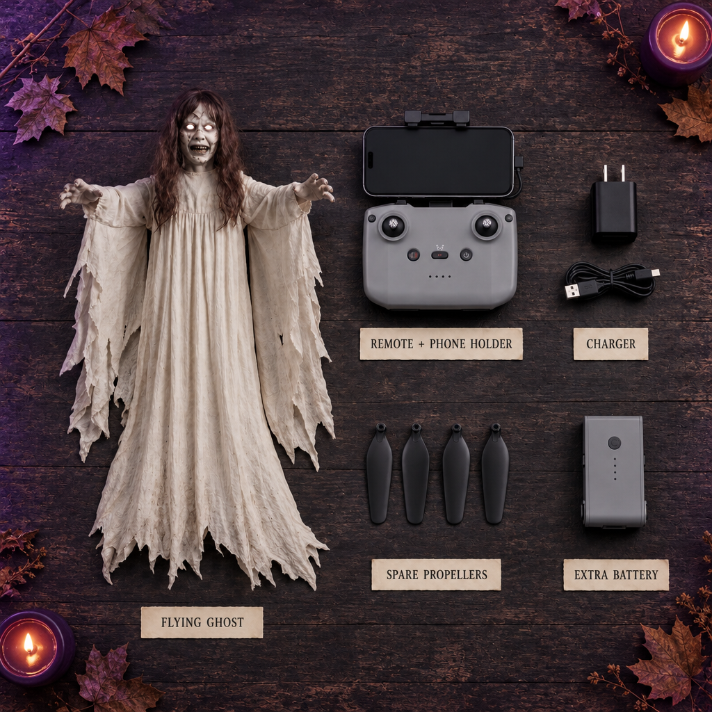 Everything included: flying ghost, remote with phone holder, charger, spare propellers, extra battery