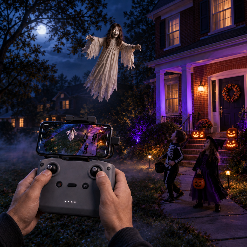 Flying the Phantom Flyer over a front yard at night with the remote and live phone view